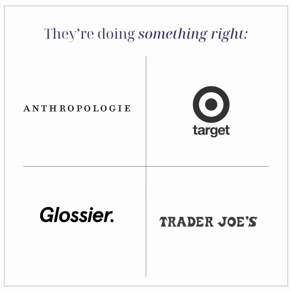 Graphic titled 'they're doing something right,' featuring the logos of Anthropologie, Target, Glossier, and Trader Joe's as examples of strong, consistent brand identity
